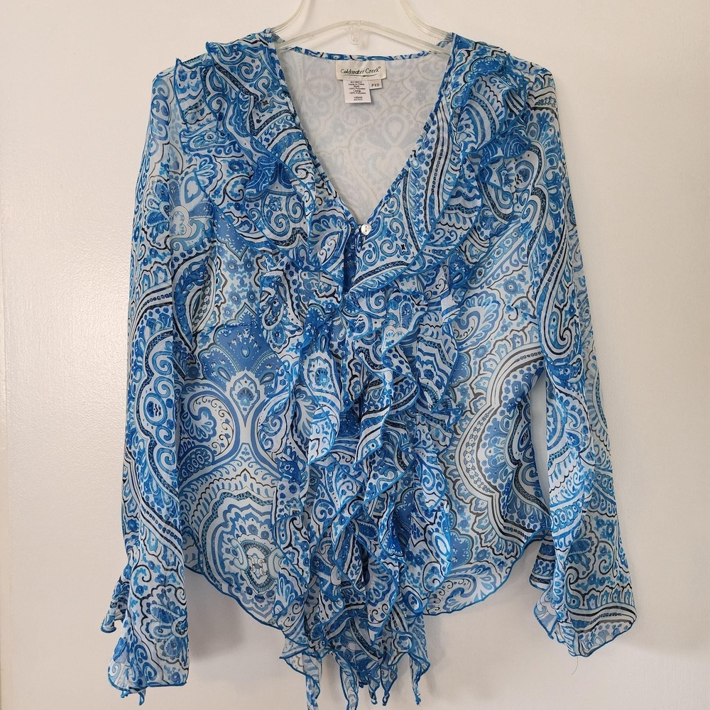 PXS Blue Paisley Flowy Ruffled V Neck Long Sleeve Blouse by Coldwater Creek